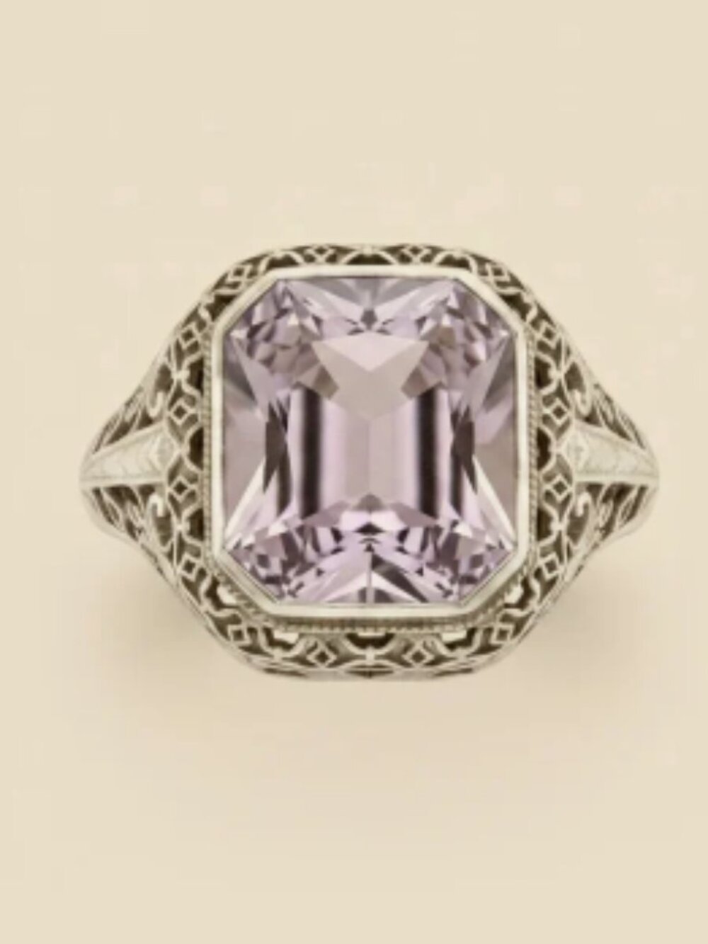 20k Art Deco White Gold Filigree Amethyst Elegant Wedding Engagement Ring